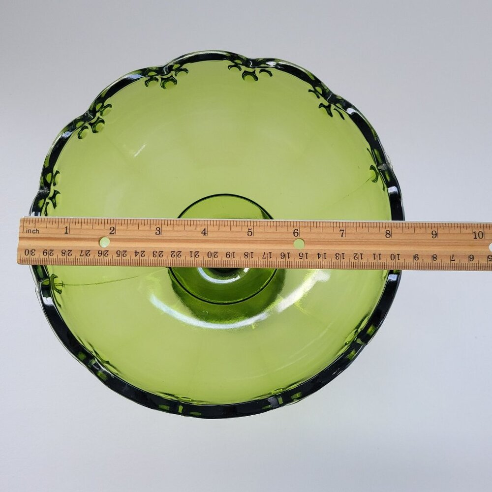 Vintage Indiana Glass Garland Pedestal Compote Dish, Avocado Green Teardrop Edge - Picture 9 of 10